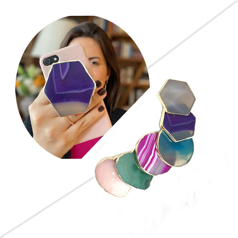 Wholesale gemstone holders suitable adjustable universal hexagon Golden rim lazy gemstone phone grip holder for 4-7 inch