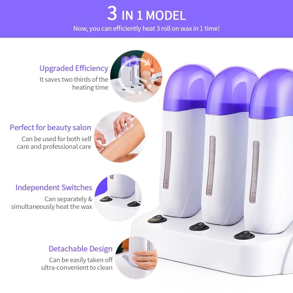 New Design 3 Pcs Base Wax Heater Roller Hair Removal Depilatory Wax Melt Machine Rolling For Body Skin Care