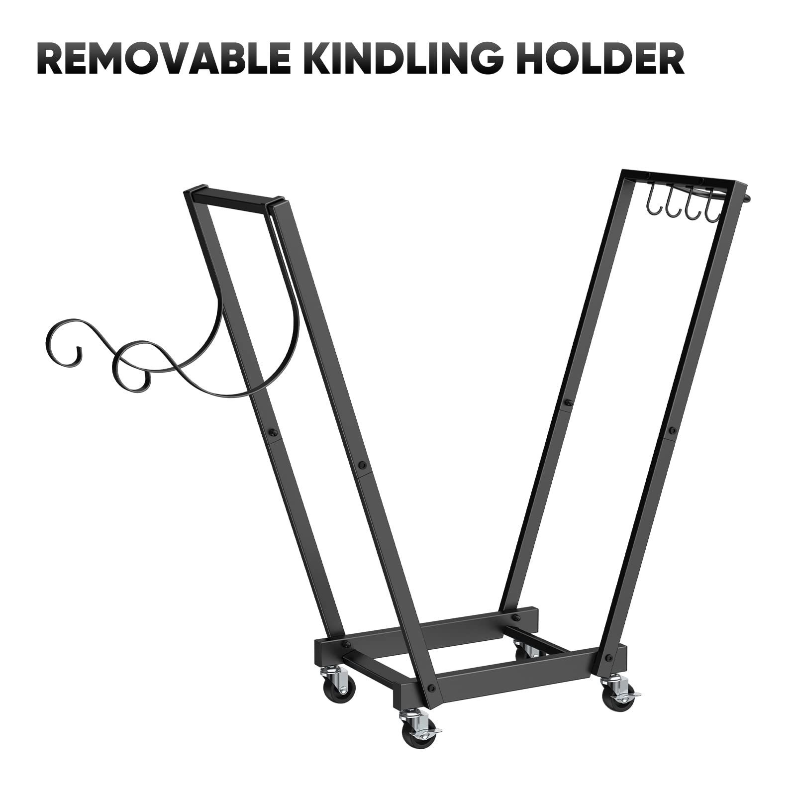 Firewood Rack On Wheels  Rolling Cart Log Rack Holder Indoor Outdoor Wood Stand with Handle  4 Hooks & Removable Kindling Rack