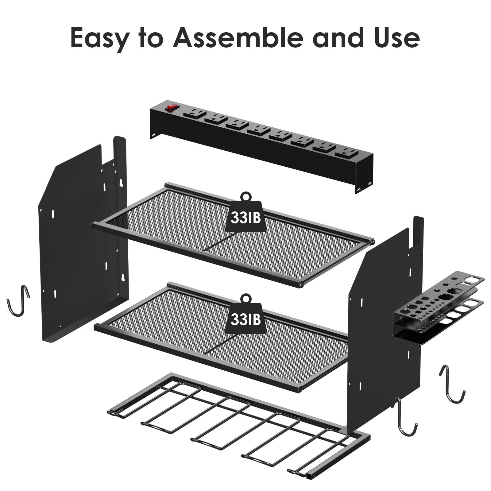 Custom Power Tool Organizer Wall Mount with Charging Station and 4 Drill Storage Shelf with Hooks and Tool Battery Holder