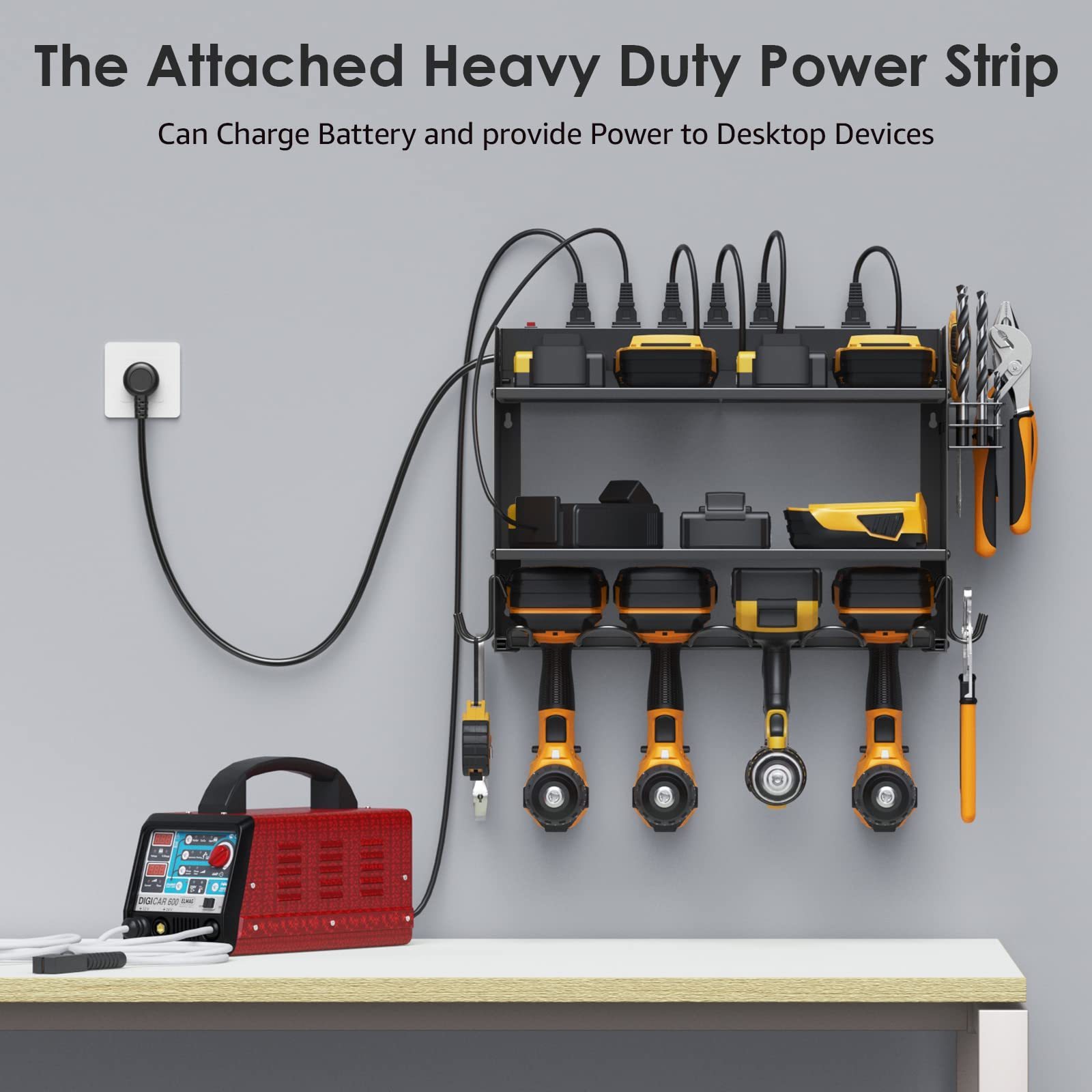 Custom Power Tool Organizer Wall Mount with Charging Station and 4 Drill Storage Shelf with Hooks and Tool Battery Holder