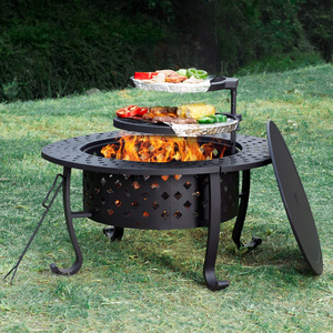 Custom 36 Inch Metal Round Table Wood Burning  with 2 Grill and Lid Fire Pit  for Backyard Patio Garden Picnic Camping Bonfire