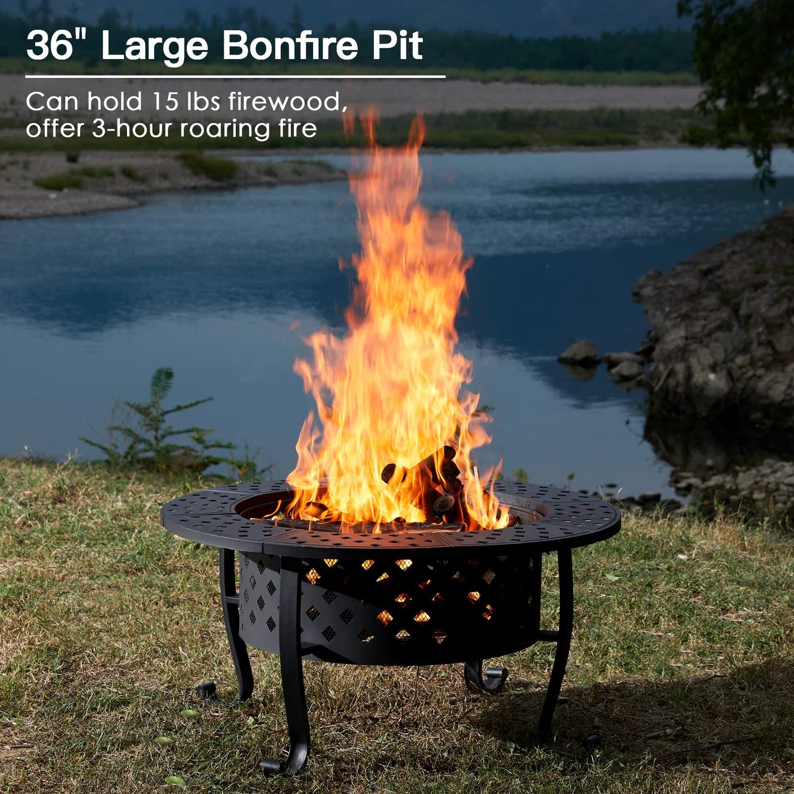 Custom 36 Inch Metal Round Table Wood Burning  with 2 Grill and Lid Fire Pit  for Backyard Patio Garden Picnic Camping Bonfire