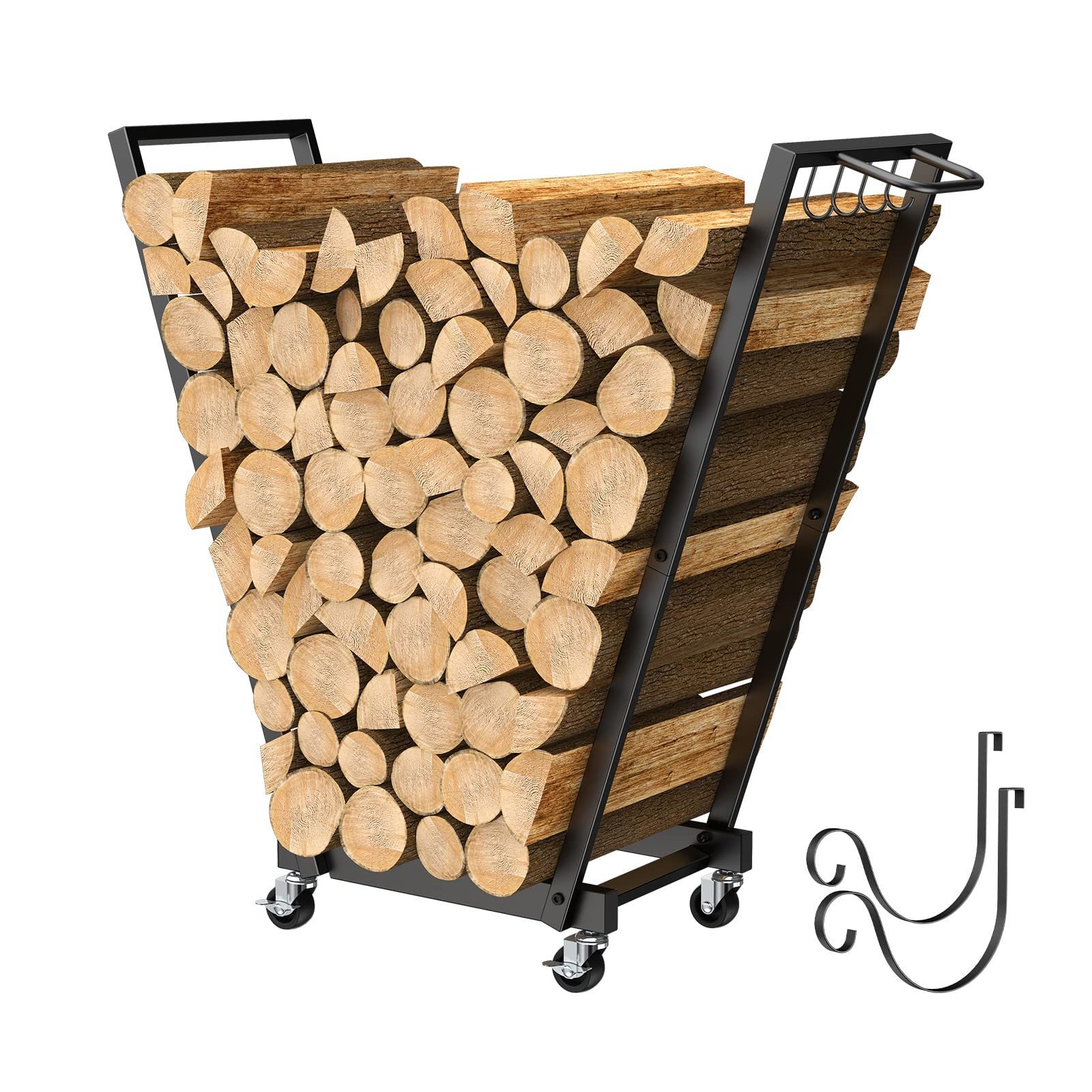 Firewood Rack On Wheels  Rolling Cart Log Rack Holder Indoor Outdoor Wood Stand with Handle  4 Hooks & Removable Kindling Rack