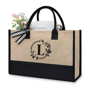 Wholesale Plain Custom Printed Letter Design Large Natural Eco Friendly Burlap Jute Shopping Tote Beach Bag With Logos