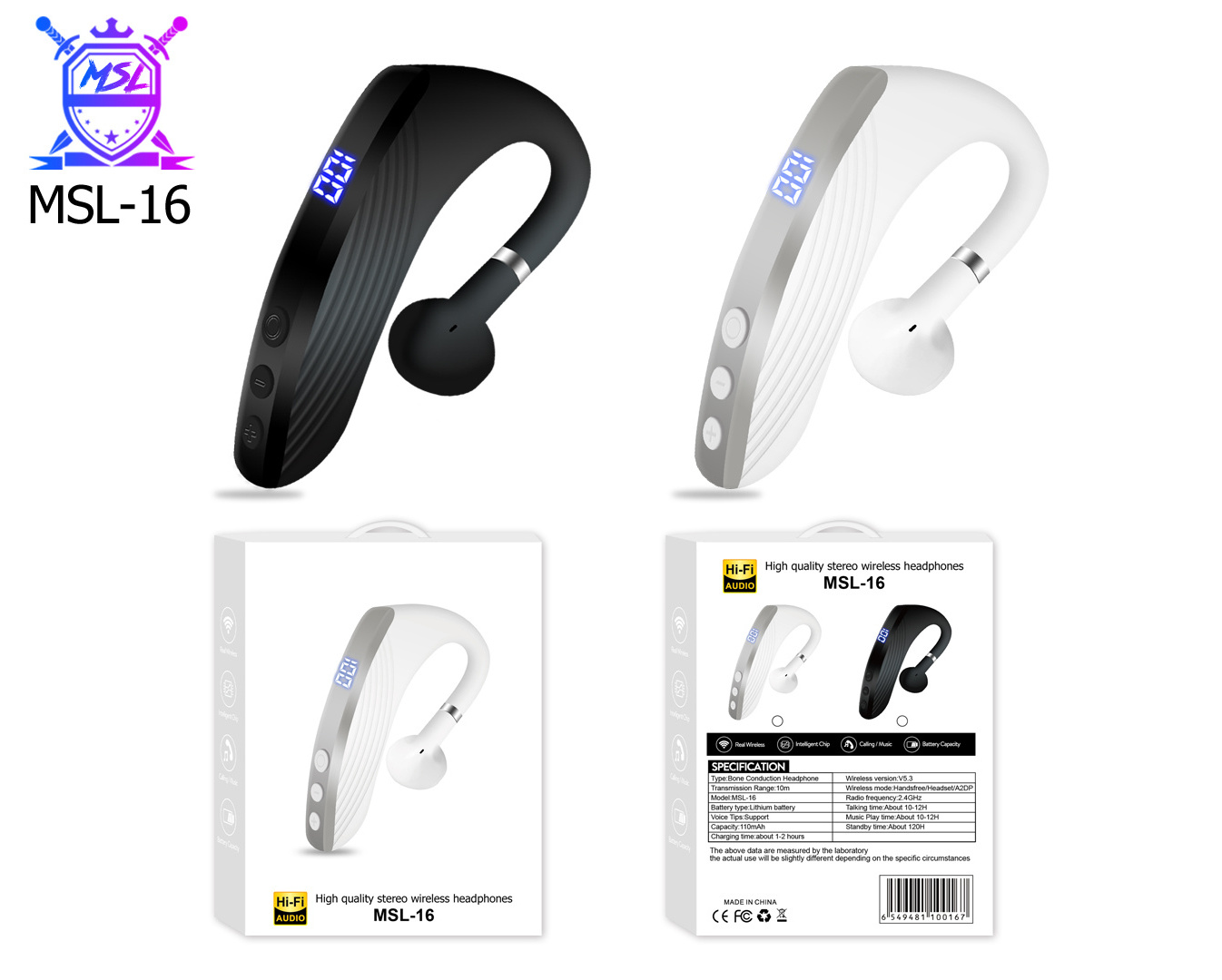 Good Quality MSL-16 Business single ear wireless earphones tws sport Bluetooth headset