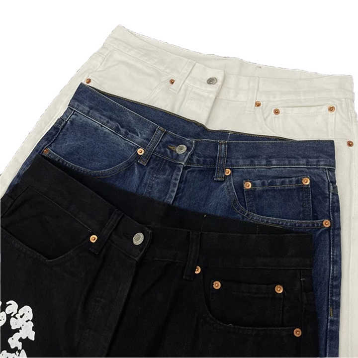 Fashion Trends Wholesale Men's Casual Print Jeans OEM Custom Denim Men Tears Wide Leg Jeans