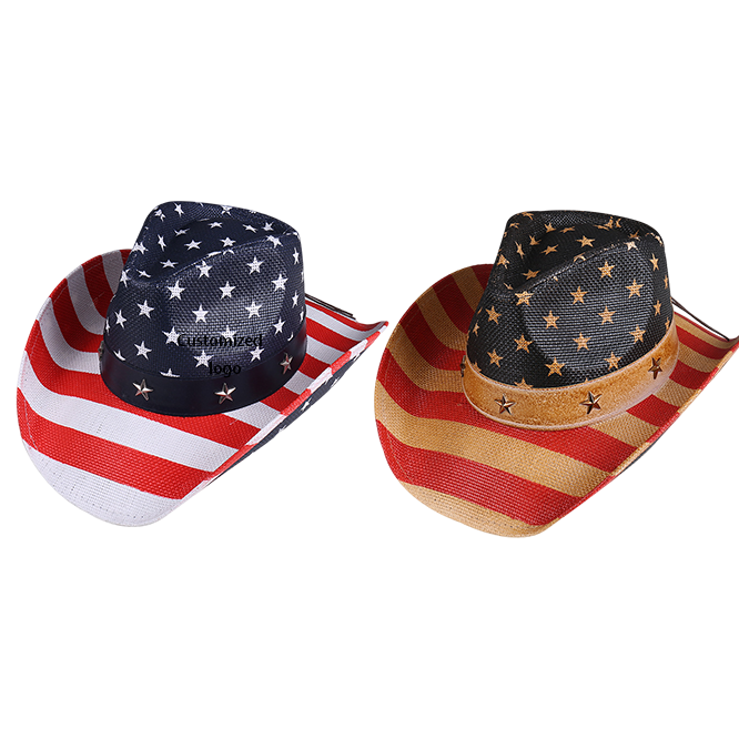 Men's Paper Straw Texas Cowboy Hat USA American Flag Painting Straw Hat  US Flag Straw Cowboy Hat