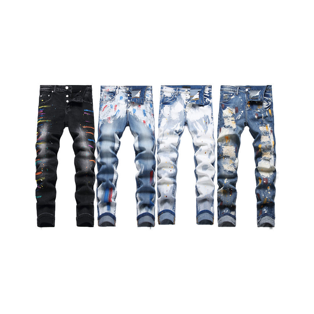 Purple Stacked Ripped Jeans men designer jeans Brand Fashion Clothing slim fit jeans men