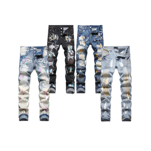 Purple Stacked Ripped Jeans men designer jeans Brand Fashion Clothing slim fit jeans men