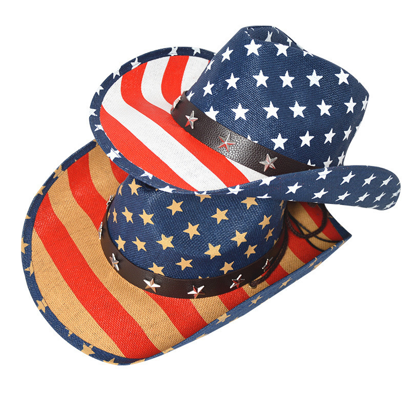 Men's Paper Straw Texas Cowboy Hat USA American Flag Painting Straw Hat  US Flag Straw Cowboy Hat