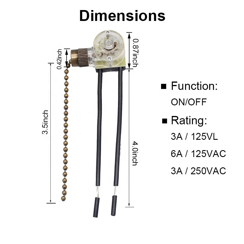 Zing Ear 125V 6A ZE-109  Pull Chain Ceiling Fan Reversing Brass Light Switches With Wires