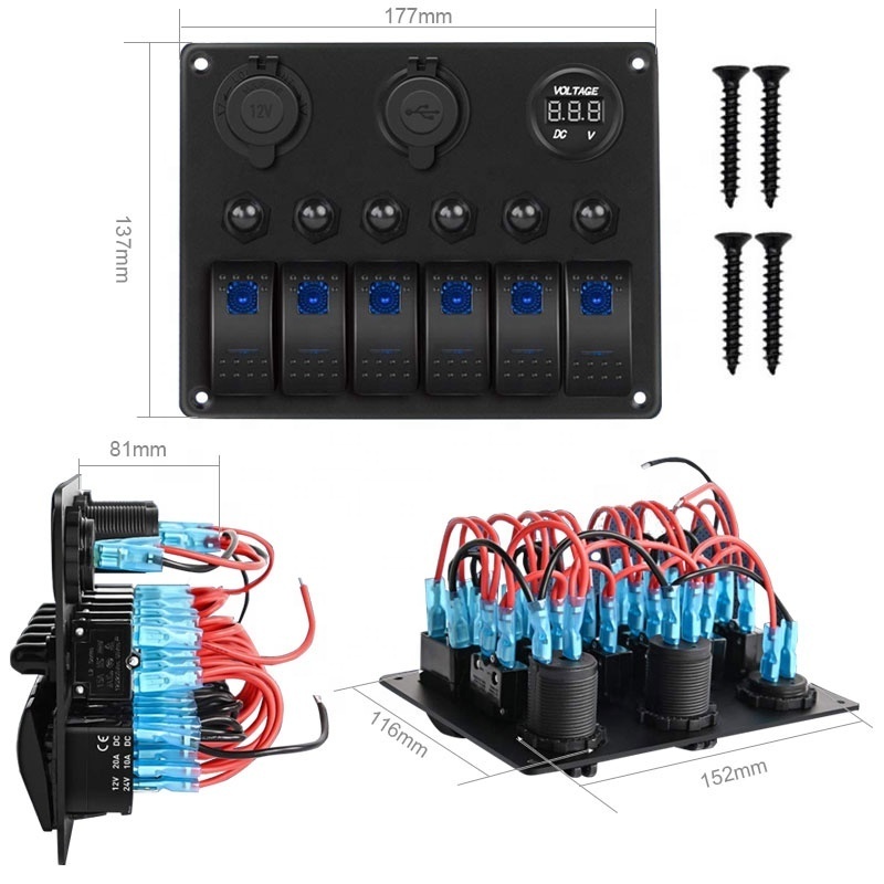 12V 24V Waterproof 6 Gang Led Light Rocker Switch Panel for Car RV Offroad SUV Marine Boat