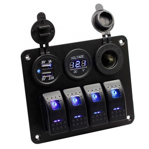 4 Gang Rocker Switch Panel ON Off LED Light Switch with 3.1A USB Digital Voltmeter Cigarette Lighter Socket