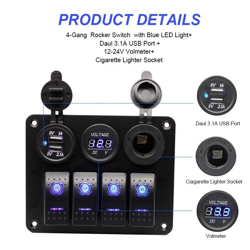 4 Gang Rocker Switch Panel ON Off LED Light Switch with 3.1A USB Digital Voltmeter Cigarette Lighter Socket