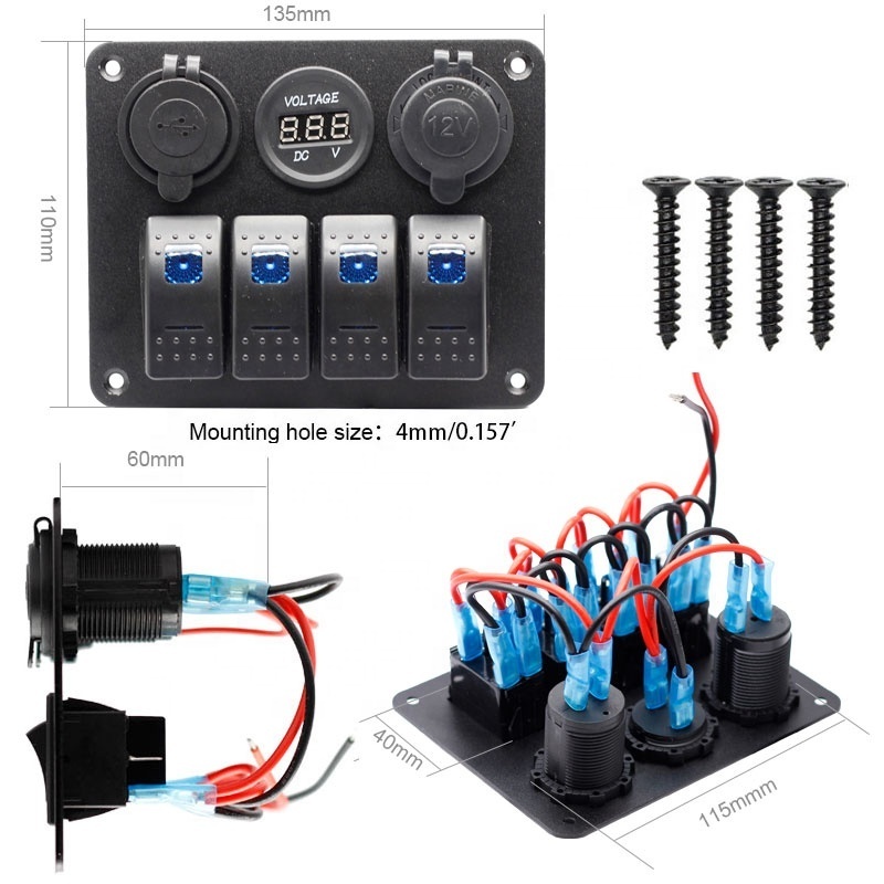 4 Gang Rocker Switch Panel ON Off LED Light Switch with 3.1A USB Digital Voltmeter Cigarette Lighter Socket