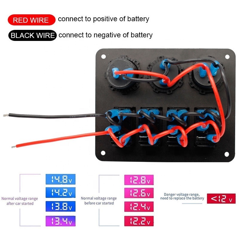 4 Gang Rocker Switch Panel ON Off LED Light Switch with 3.1A USB Digital Voltmeter Cigarette Lighter Socket