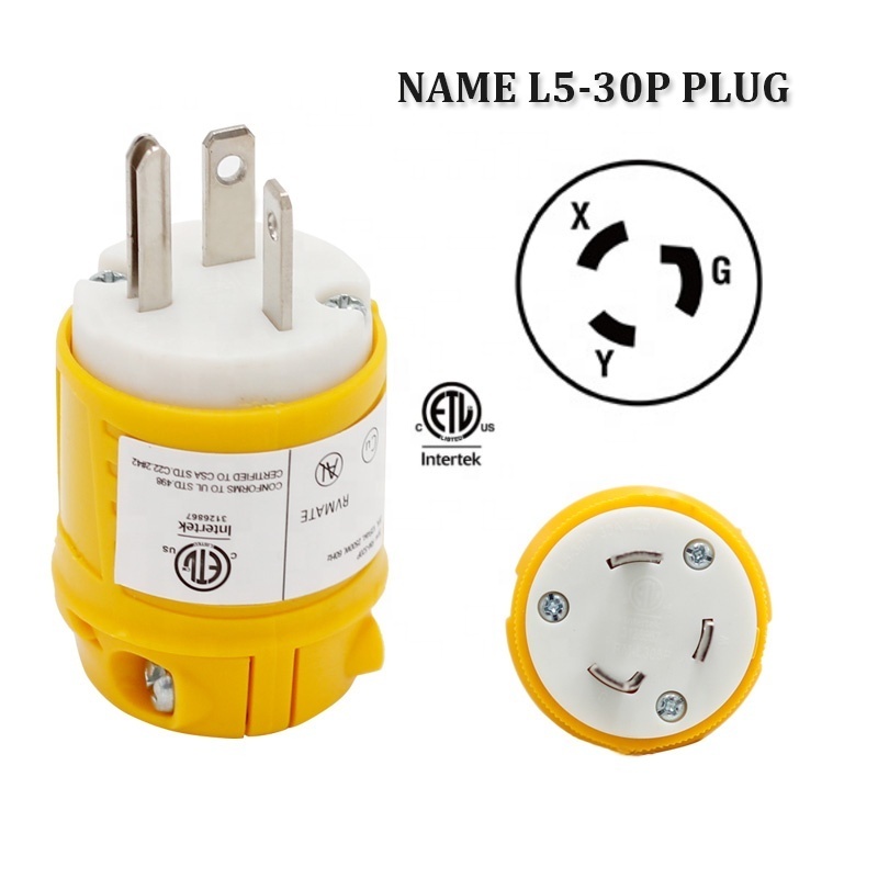 30A 125V Plug  Male 10AWG/3C Plug 125V Yellow NEMA L5-30P Twist Lock Connector