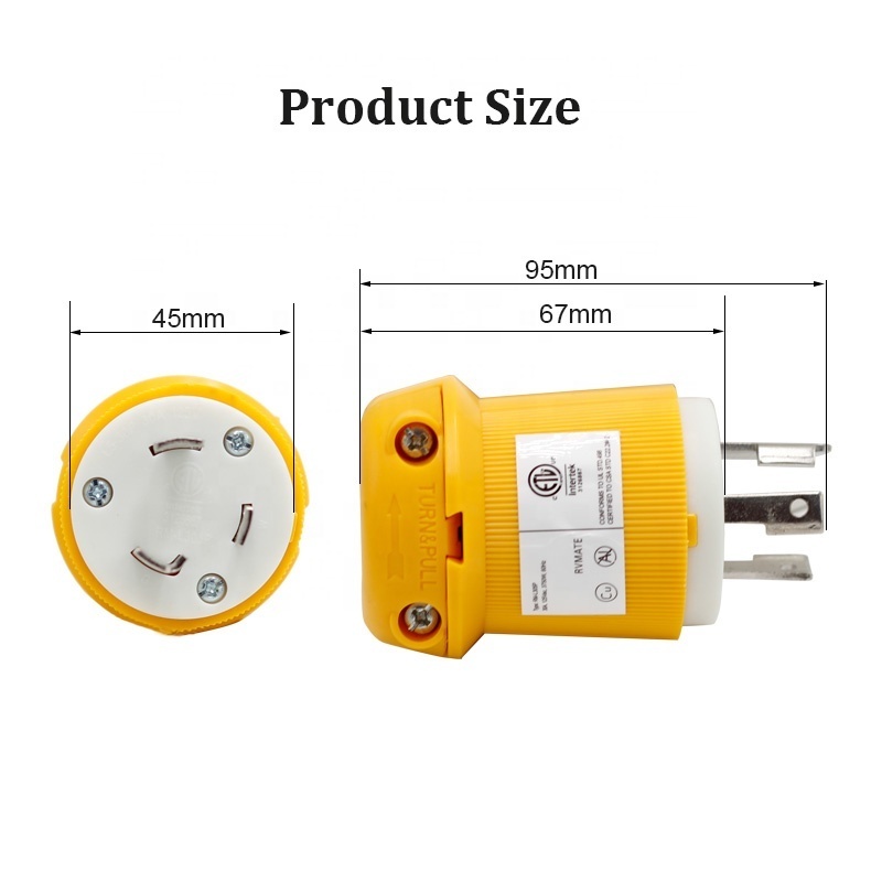 30A 125V Plug  Male 10AWG/3C Plug 125V Yellow NEMA L5-30P Twist Lock Connector