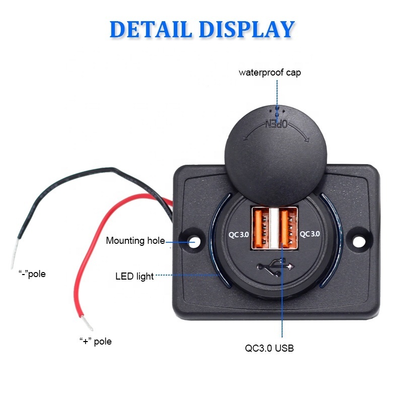 DC 12V 24V Dual  QC3.0 USB Socket Panel Mount Bus Accessories Electric Car USB Socket Charger