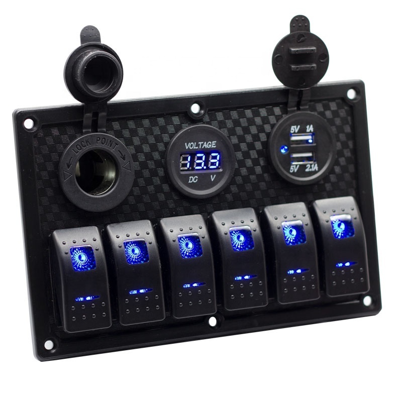 DC 12V 24V 5 Pin ON-OFF Blue LED Circuit Breaker Plastic Plate Waterproof Marine Boat 6 Gang Led Light Rocker Switch Panel