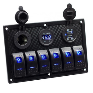 DC 12V 24V 5 Pin ON-OFF Blue LED Circuit Breaker Plastic Plate Waterproof Marine Boat 6 Gang Led Light Rocker Switch Panel