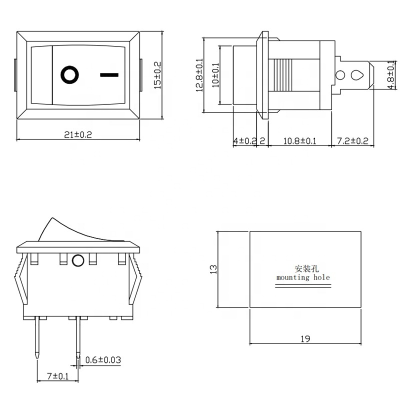 KCD1  250V 6A 15x10 2PIN  SPST on off mini boat rocker switches