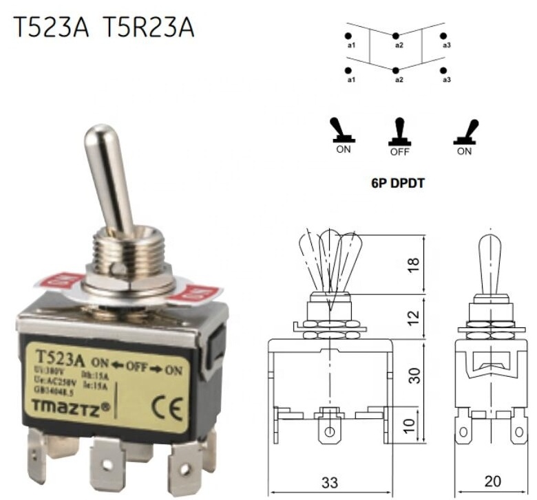 Waterproof IP67 250V 15A  ON OFF ON DPDT metal Toggle Switch