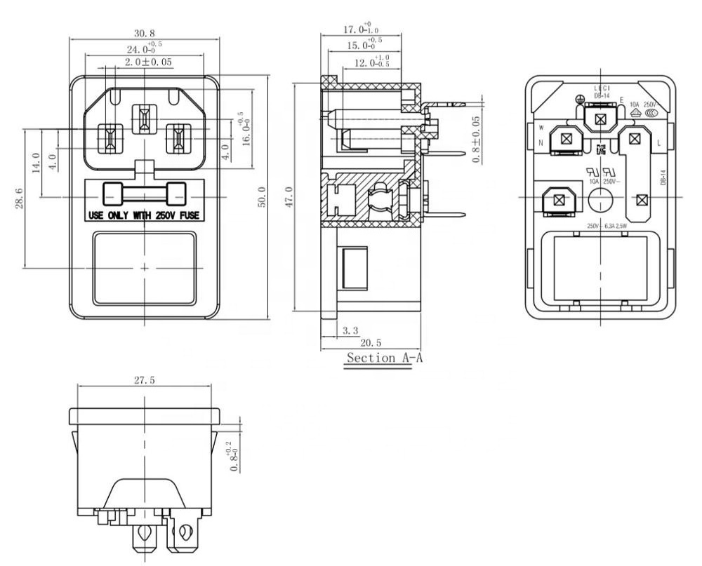 10A 250VAC 3 Pin iec320 C14 inlet connector plug power socket with red lamp rocker switch 10A fuse holder socket male