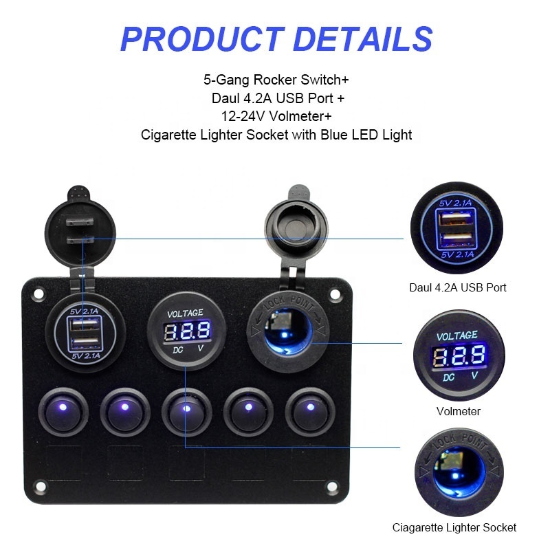 Waterproof LED Car 5 Gang 12V Fused Marine Boat Illuminated Rocker Switch Panel