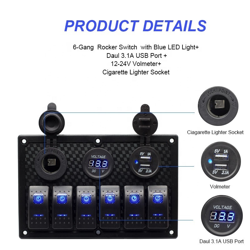 DC 12V 24V 5 Pin ON-OFF Blue LED Circuit Breaker Plastic Plate Waterproof Marine Boat 6 Gang Led Light Rocker Switch Panel