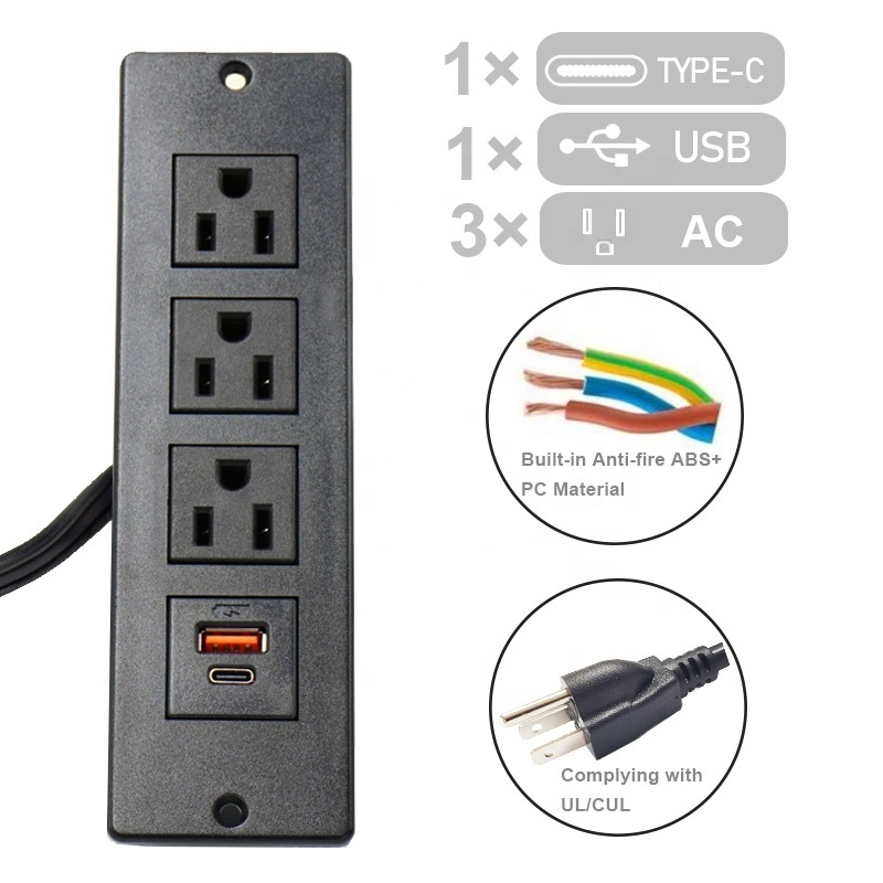 outlet with usb fast charge US power strip Office furniture Hidden recessed mounted rectangular socket usb/c