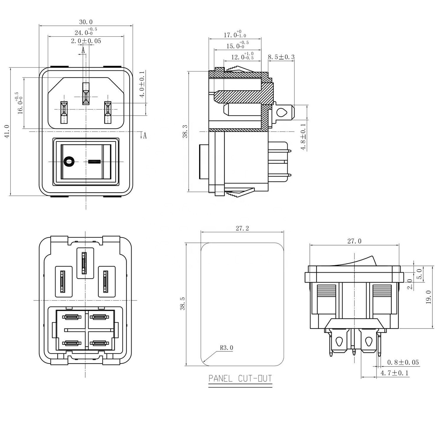 C14 socket with rocker switch IEC320-C14 3 pins Sockets And Switches Electrical 10A250V PDU connector Iec Ac Socket