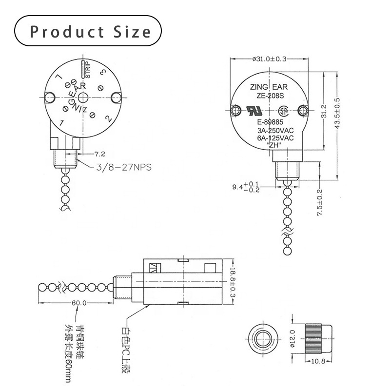 ZE-208S 3A 6A 125V 250V  3 Way Speed Fan Ceiling Ceiling Fan Pull Cord Chain Switch Light Control 3 Position Pull Switch