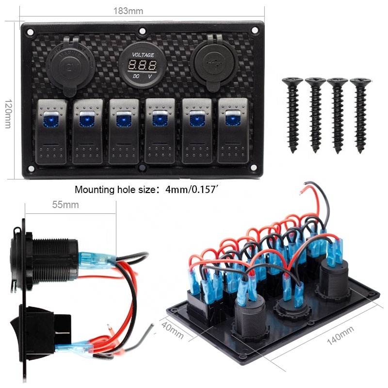 DC 12V 24V 5 Pin ON-OFF Blue LED Circuit Breaker Plastic Plate Waterproof Marine Boat 6 Gang Led Light Rocker Switch Panel