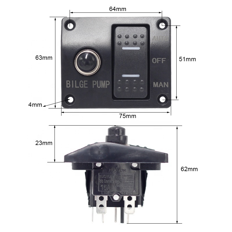 3 Way Waterproof 12V Built-in 15A Circuit Breaker Float Switch Auto-OFF-Manual Bilge Pump Switch Panel for RV Car Boat Marine