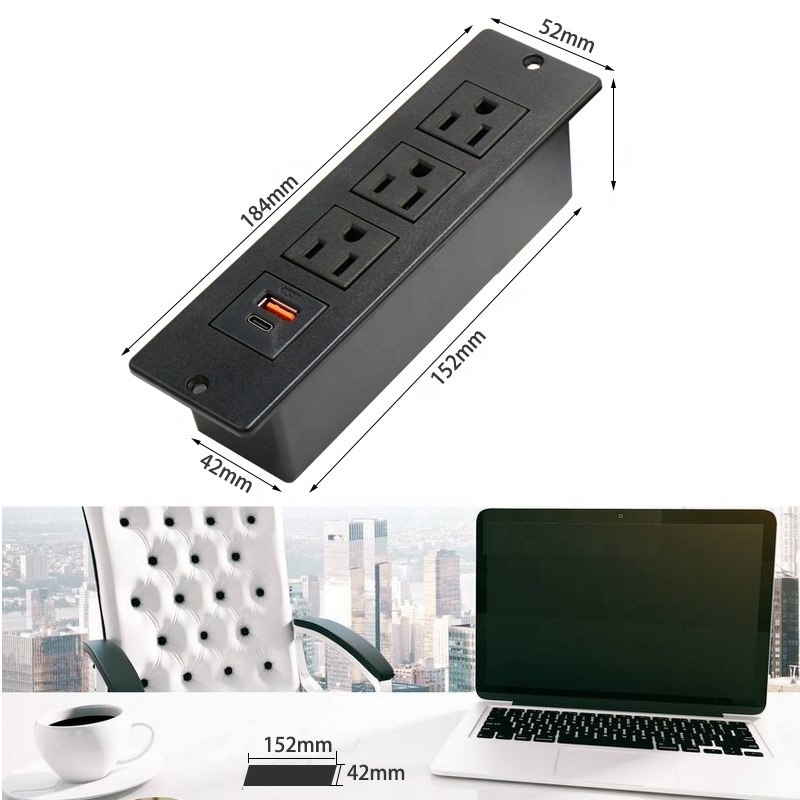 outlet with usb fast charge US power strip Office furniture Hidden recessed mounted rectangular socket usb/c