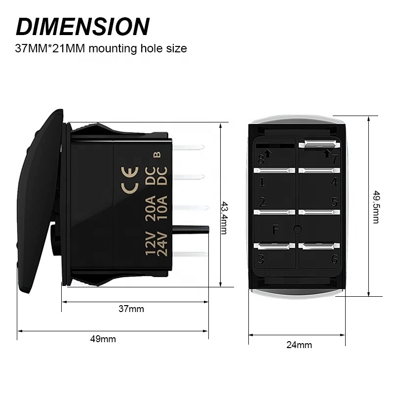 Marine Rocker Switch 12V 24V Lighted Rocker Switch 12 Volt 20A  7 Pin DPDT ON/Off/ON Waterproof