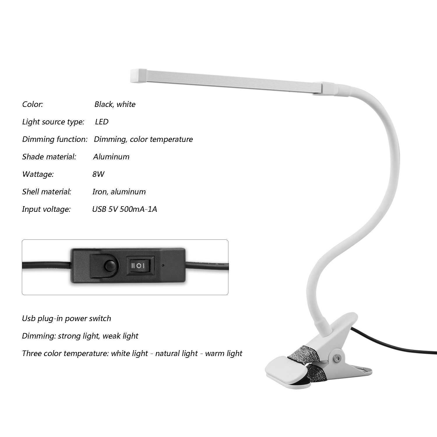 OEM metal clampable usb dimmable flexible reading book light clip on table long swing arm led desk lamp with clamp