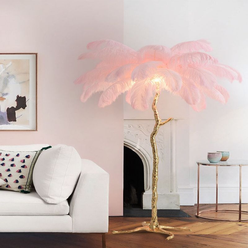 Luxury home living room decoration ostrich feather tree stand LED floor lamp