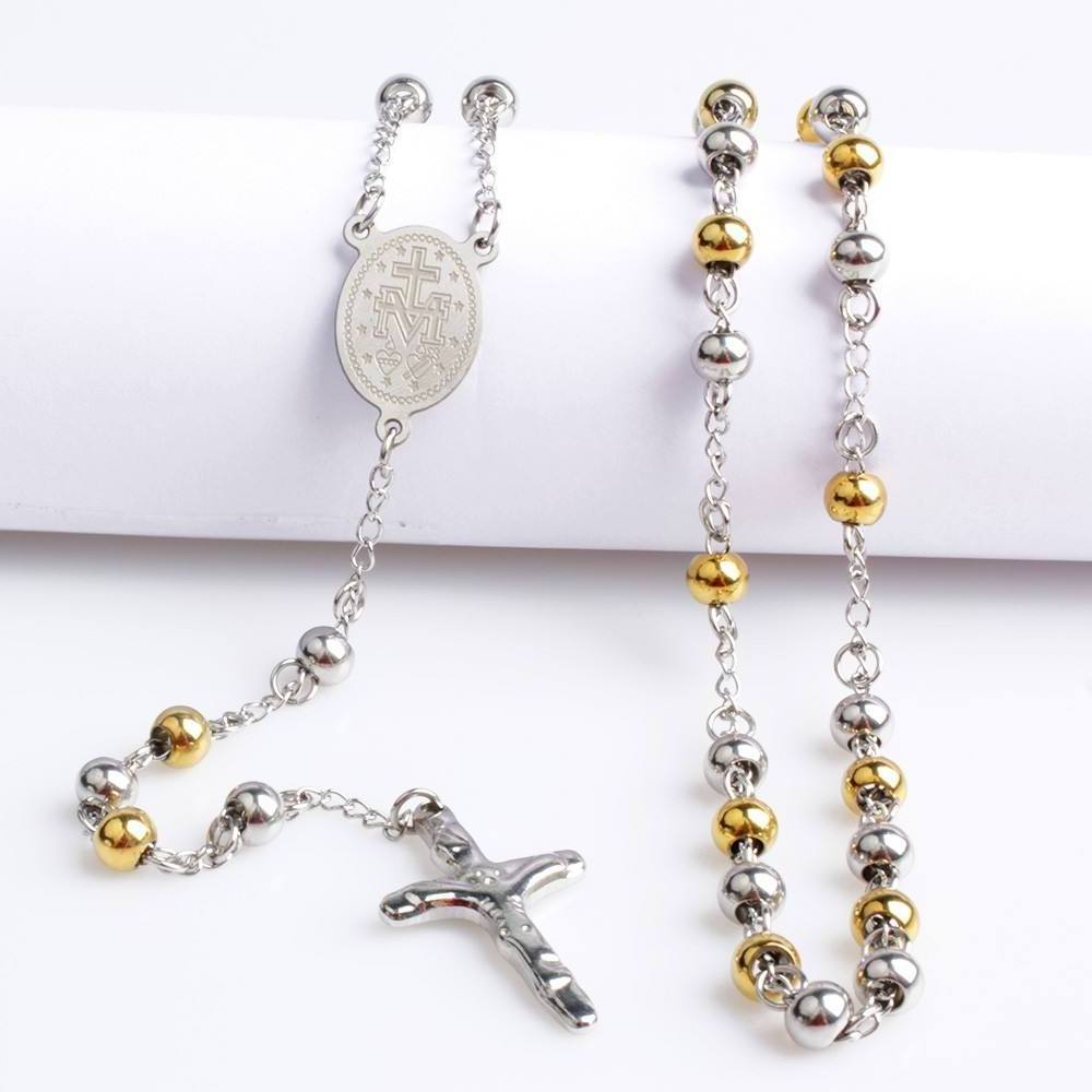 Religious Long Prayer Beads Stainless Steel Gold Plated Virgin Mary Pendant Cross Catholic Rosary Necklace