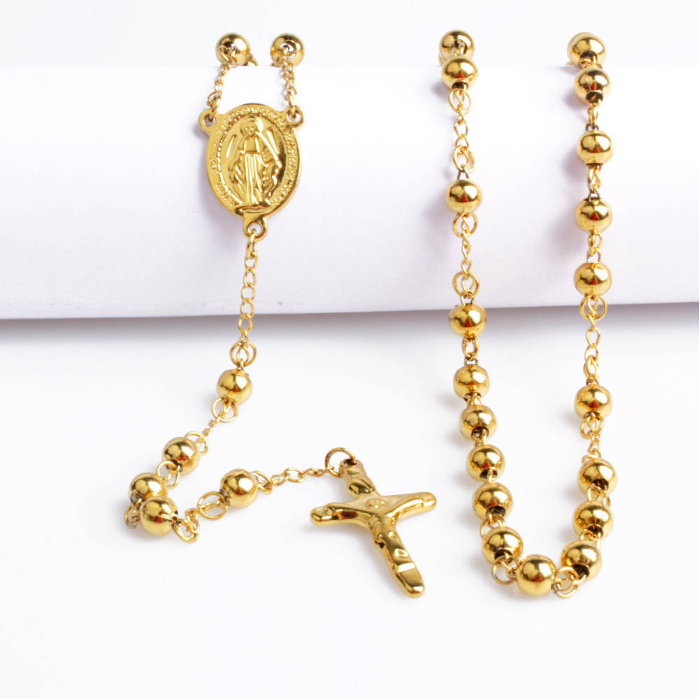 Religious Long Prayer Beads Stainless Steel Gold Plated Virgin Mary Pendant Cross Catholic Rosary Necklace