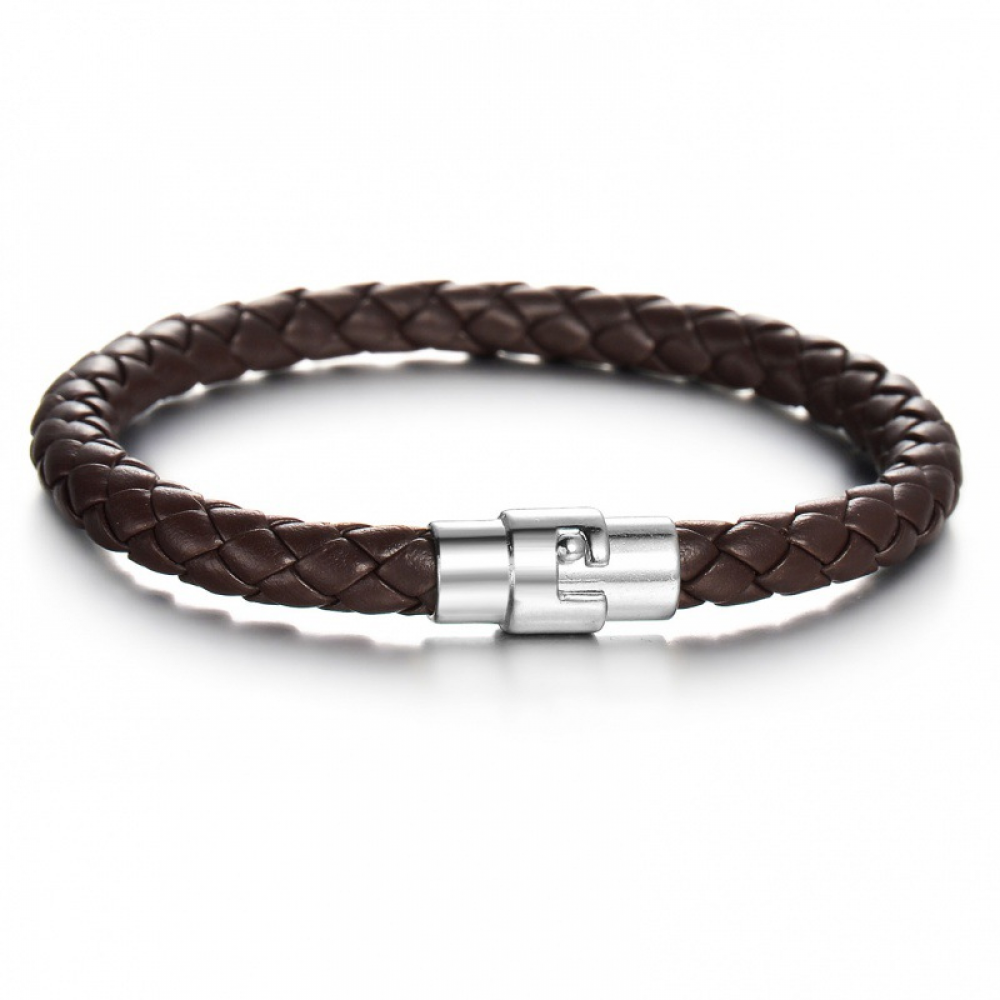 Wholesale Simple Vintage Jewelry Stainless Steel Magnetic Clasp Braided Real Leather Bracelet For Men