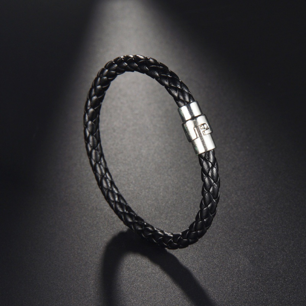 Wholesale Simple Vintage Jewelry Stainless Steel Magnetic Clasp Braided Real Leather Bracelet For Men