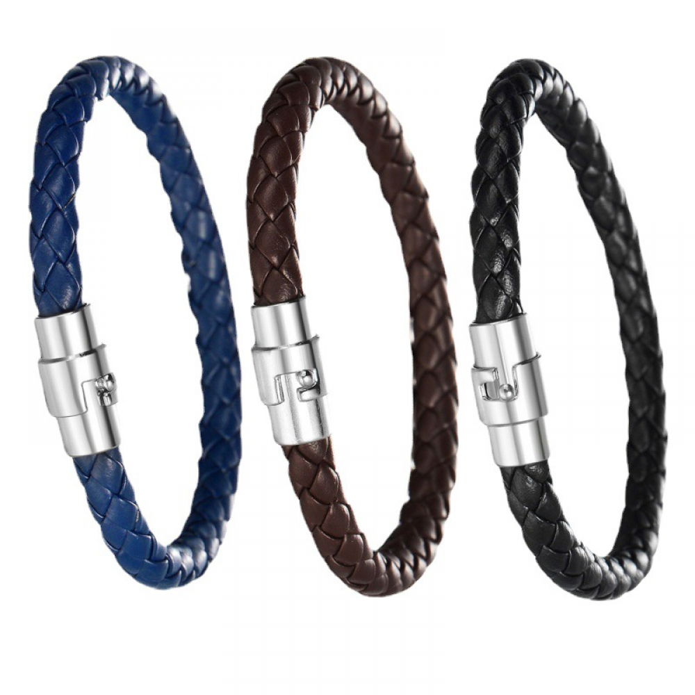 Wholesale Simple Vintage Jewelry Stainless Steel Magnetic Clasp Braided Real Leather Bracelet For Men