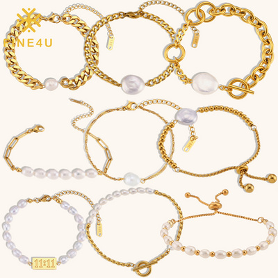 Trendy Women Fashion Jewelry Gold Plated Adjustable Stainless Steel Natural Freshwater Pearl Bracelets