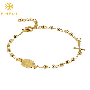 New Religious Christian Jewelry Cross Pendant Gold Plated Virgin Mary Stainless Steel Rosary Bracelet