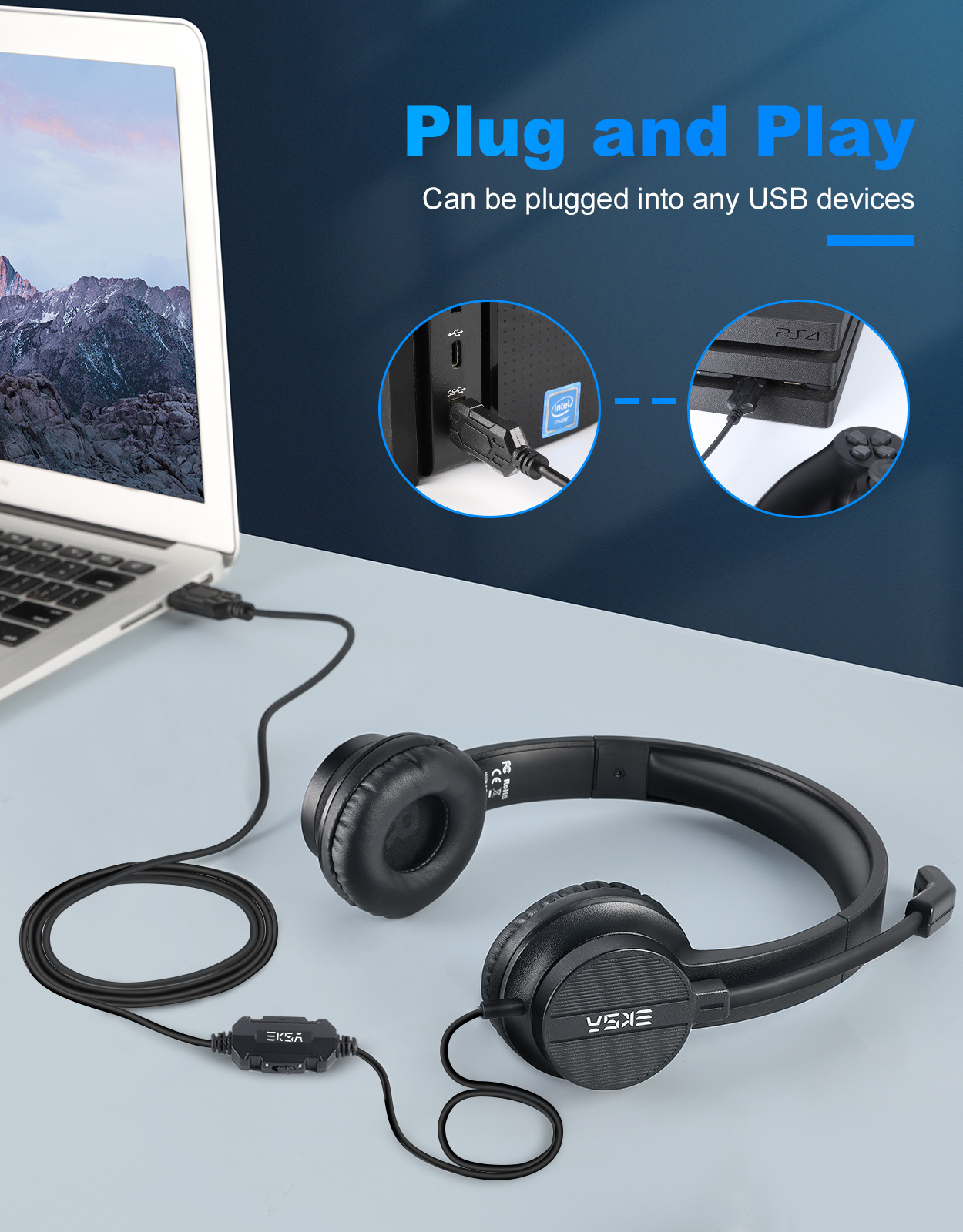 EKSA Wired PC Headset H12E with USB and ENC Noise Cancelling Mic in On-Ear Style for Call Centre/Office Computer or Gaming