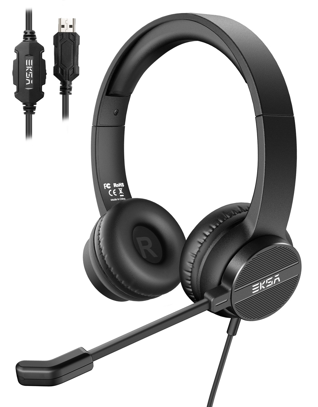 EKSA Wired PC Headset H12E with USB and ENC Noise Cancelling Mic in On-Ear Style for Call Centre/Office Computer or Gaming