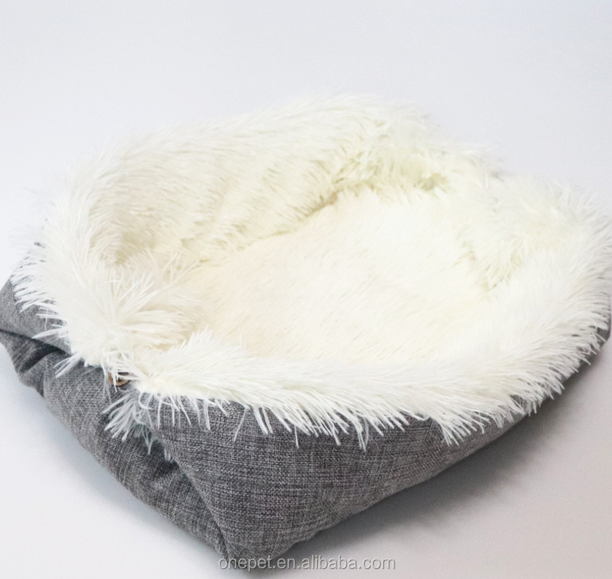 Foldable Pet Plush Cushion Anti Anxiety Deep Sleep Faux Fur Cat Dog Plush Bed